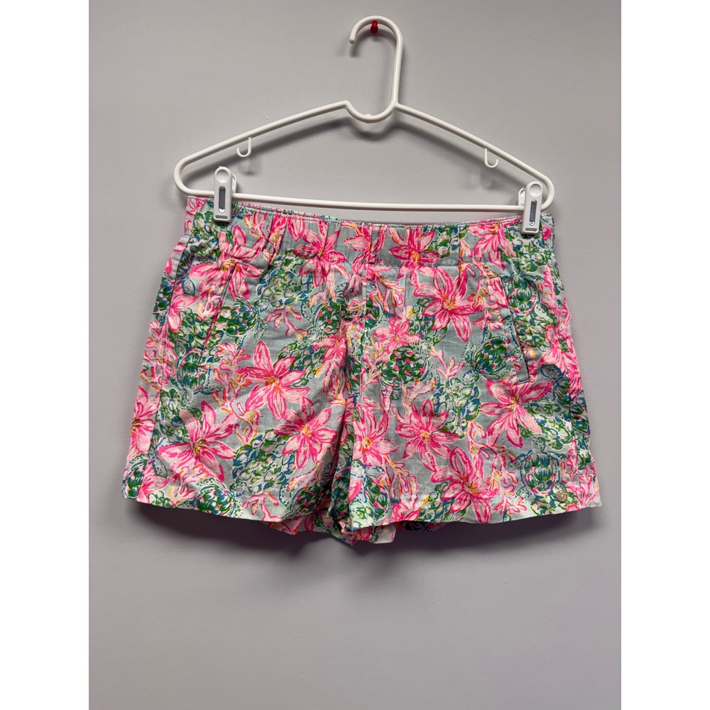 Lilly Pulitzer Kaduwela Linen Sea Turtle Floral Shorts Pink Blue Green Medium